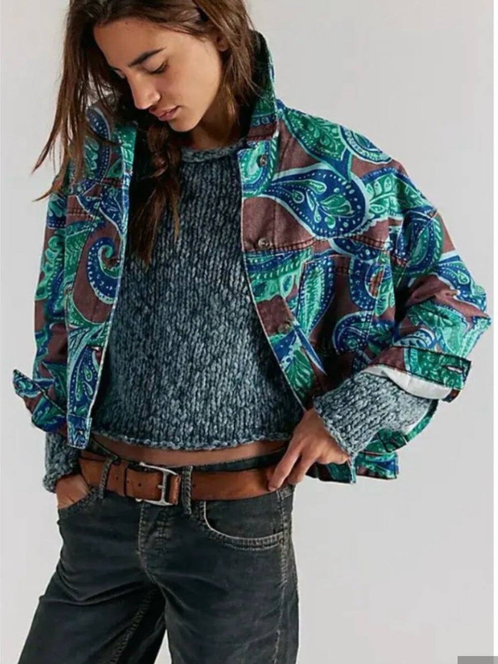 Free People/ We The Free Opal Swing Printed Denim Jacket Brunette Paisley Size M
